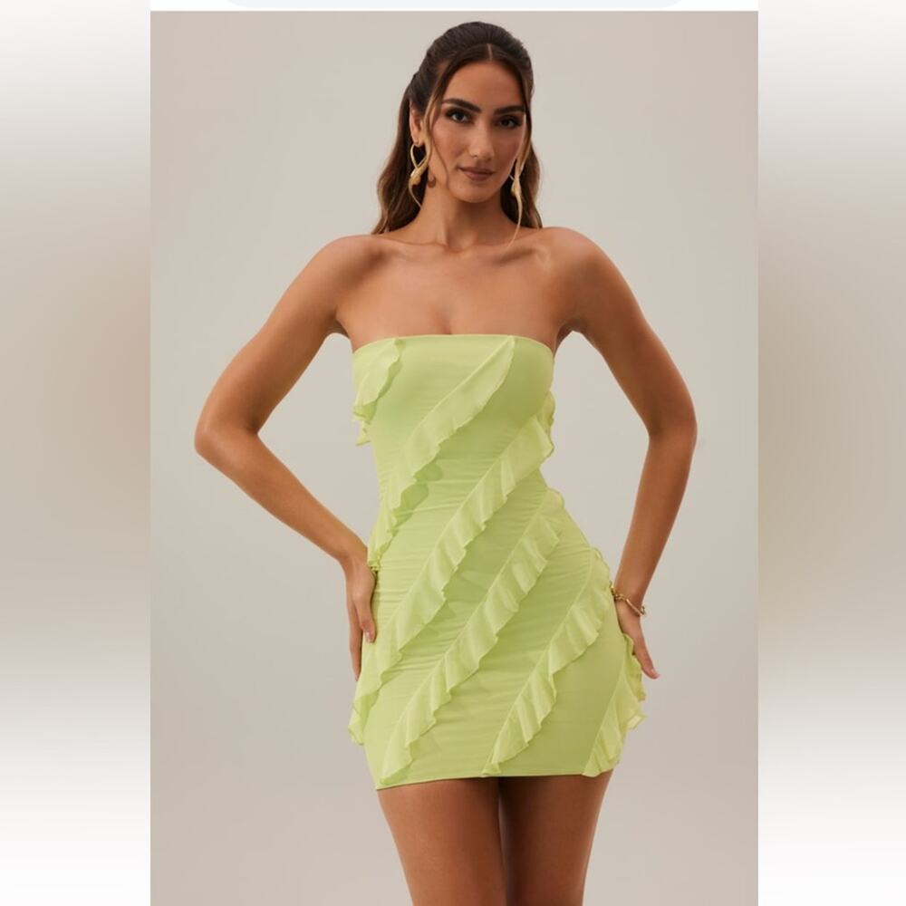 Oh Polly Tatiana Bandeau Ruffle Detail Mini Dress in Lime Green Size 0 NWOT